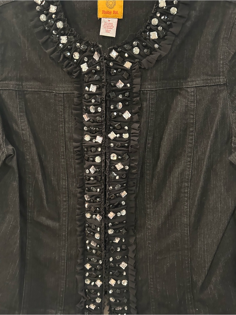 Ruby Rd. Black Jean Jacket with Rhinestone & Ruffle Trim - Picture 2 of 6